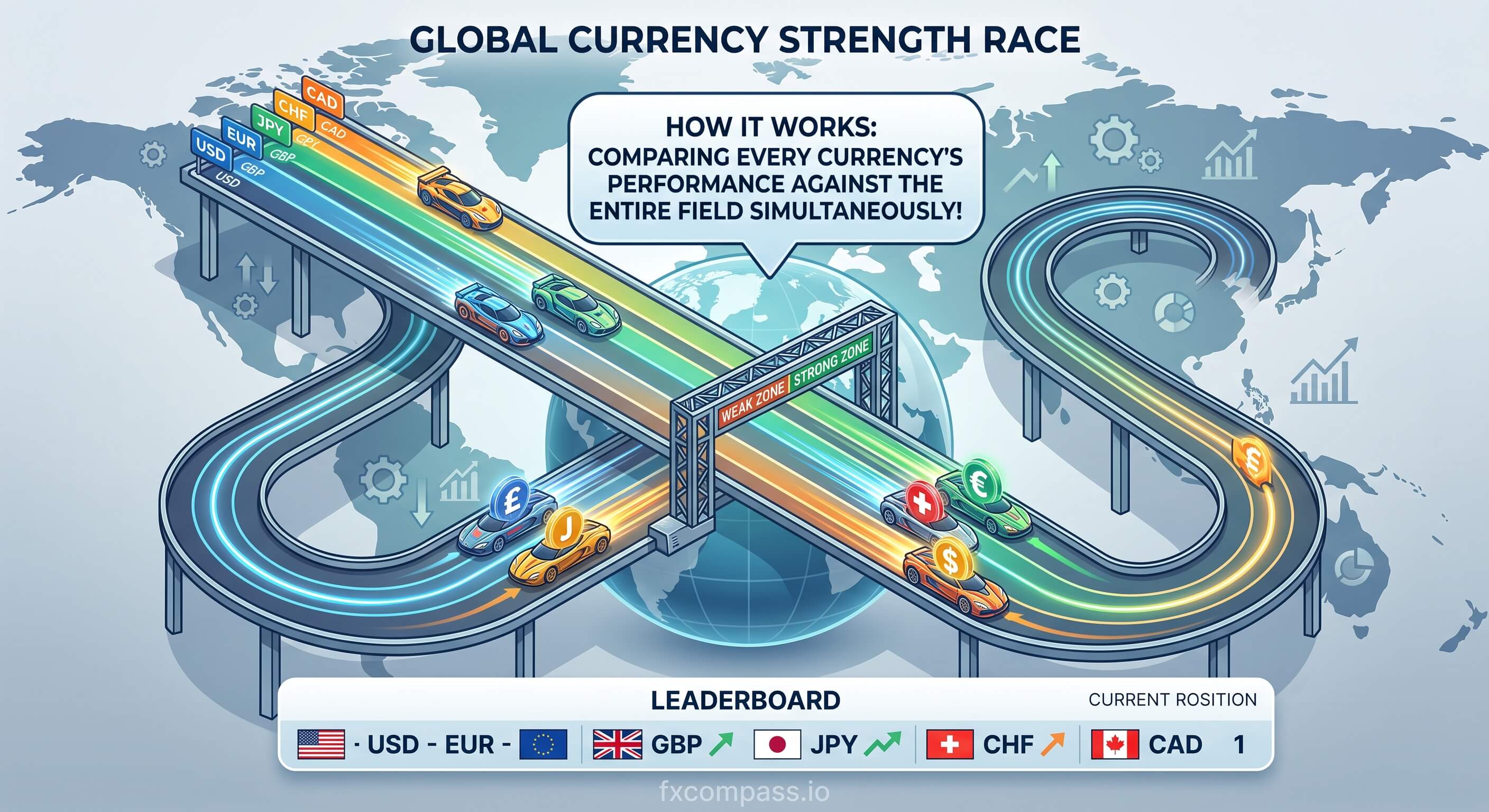 Currency strength meter measuring several currencies against a basket at once