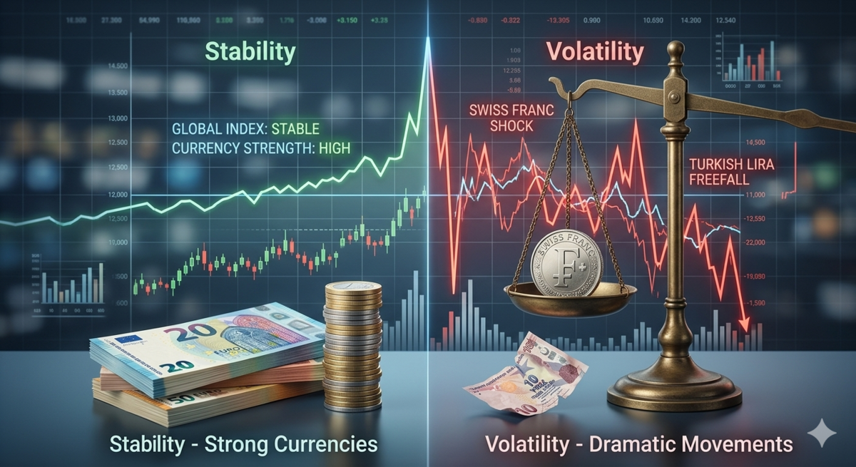 Dramatic currency exchange rate fluctuations — stability vs volatility