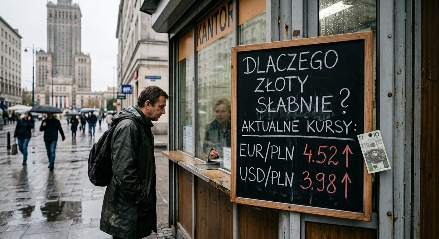 Kantor w centrum Warszawy, na tablicy pytanie, dlaczego złoty słabnie, i kursy EUR/PLN oraz USD/PLN